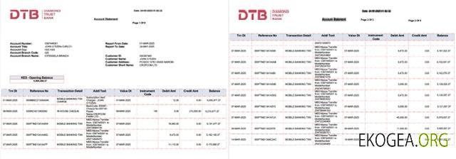 Relevé de compte Kenya Diamond Trust Bank Modèle Word et PDF, 2 pages